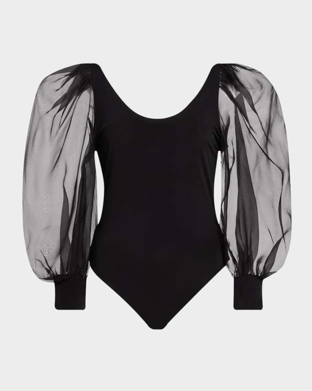 Jillianne Mesh Puff-Sleeve Bodysuit
